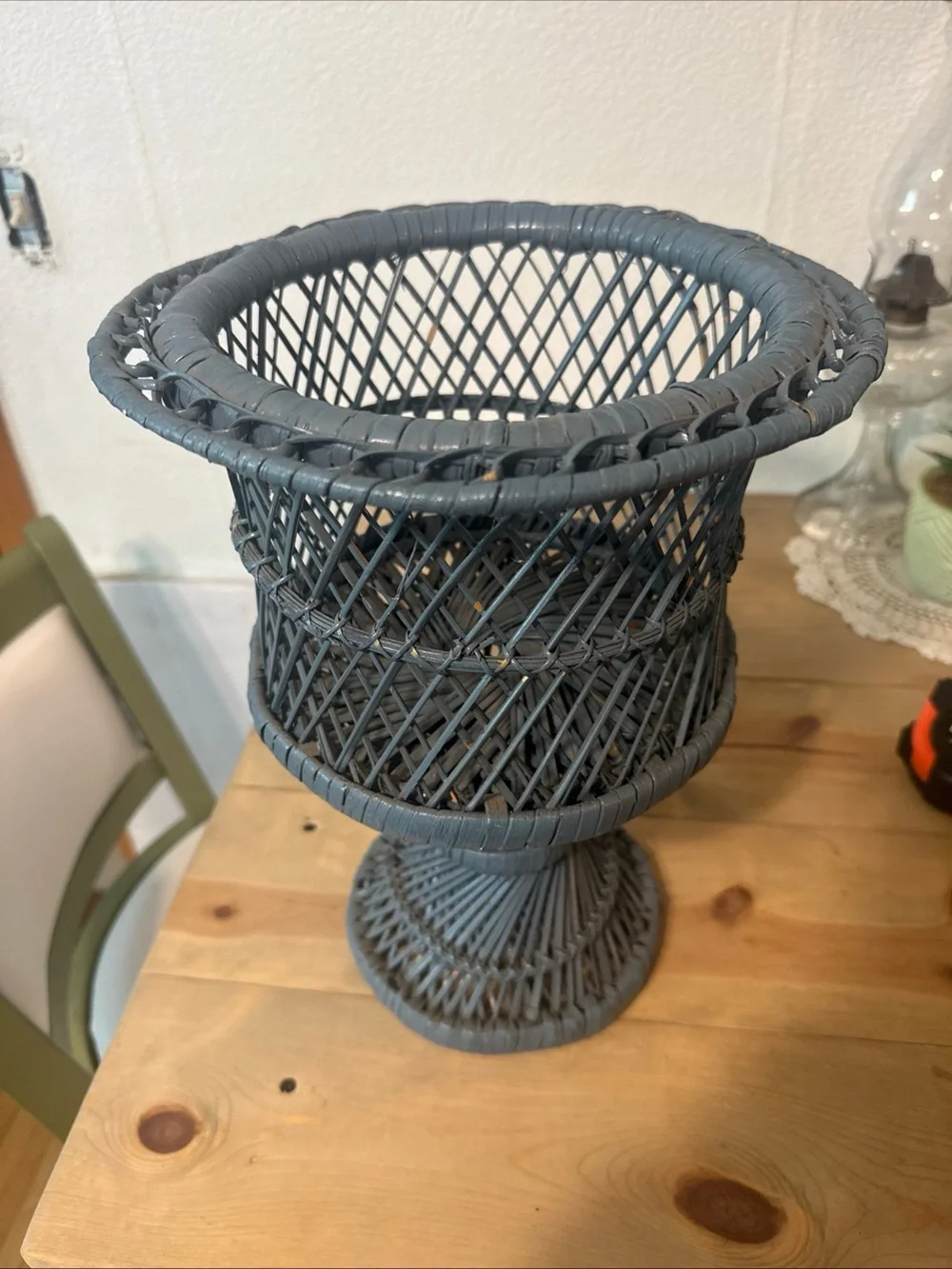 Vintage Mid Century Boho Chic Woven Peacock Wicker Rattan Plant Stand Pedestal